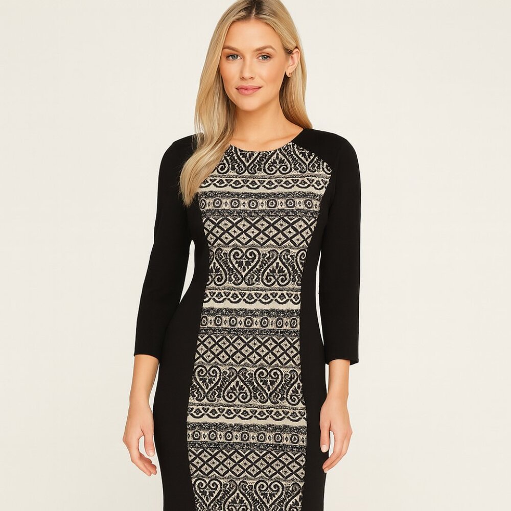 🖤 Kensie Patterned Sheath Dress – Elegant Contrast & Detail Size Small